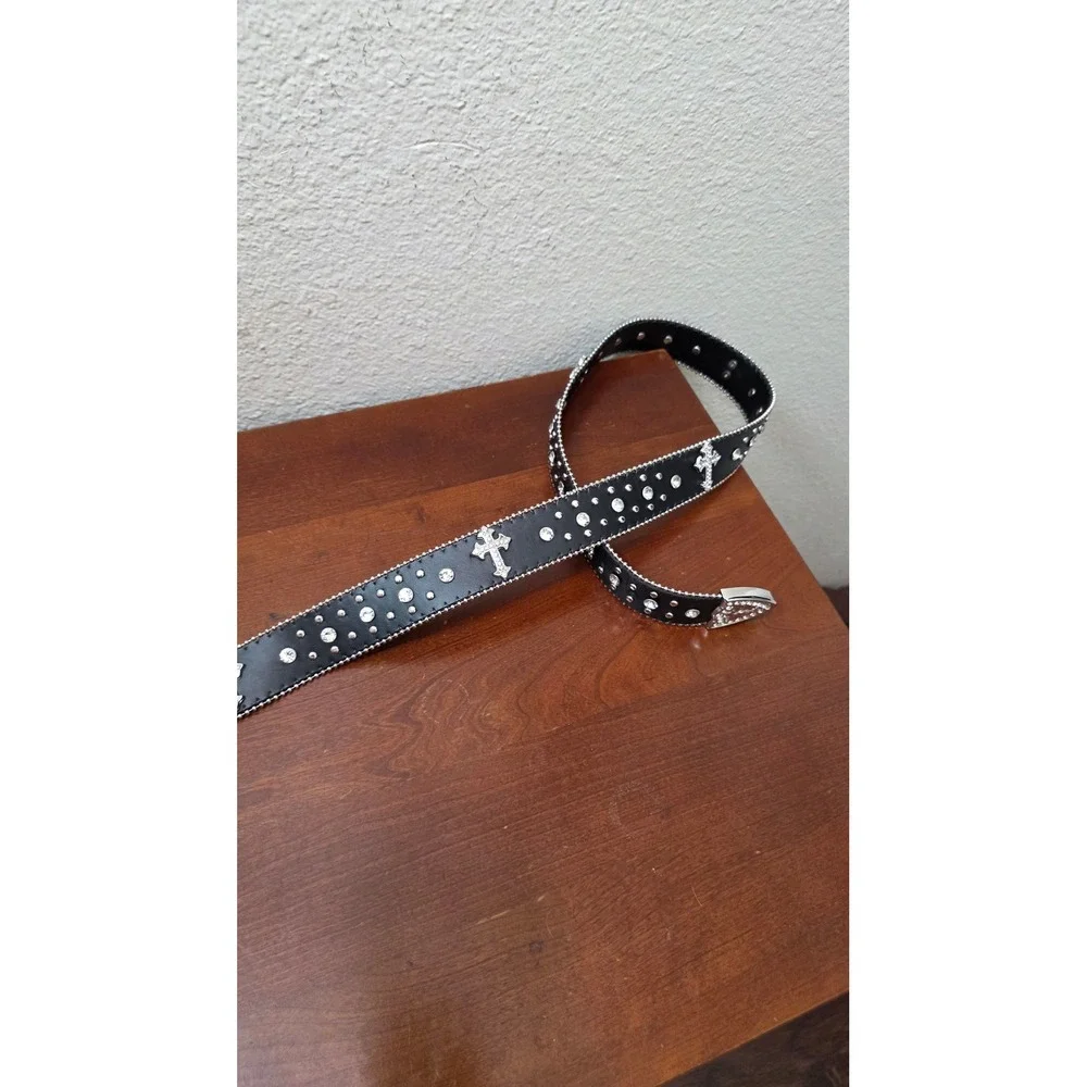 Unbranded Western Rhinestone Cross Belt Black Silver Studded Y2K Large XL 46in
